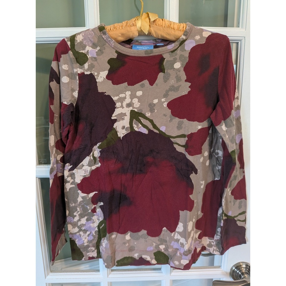 Simply Vera Vera Wang Floral Print Cotton Long Sleeve Top Burgundy Taupe M